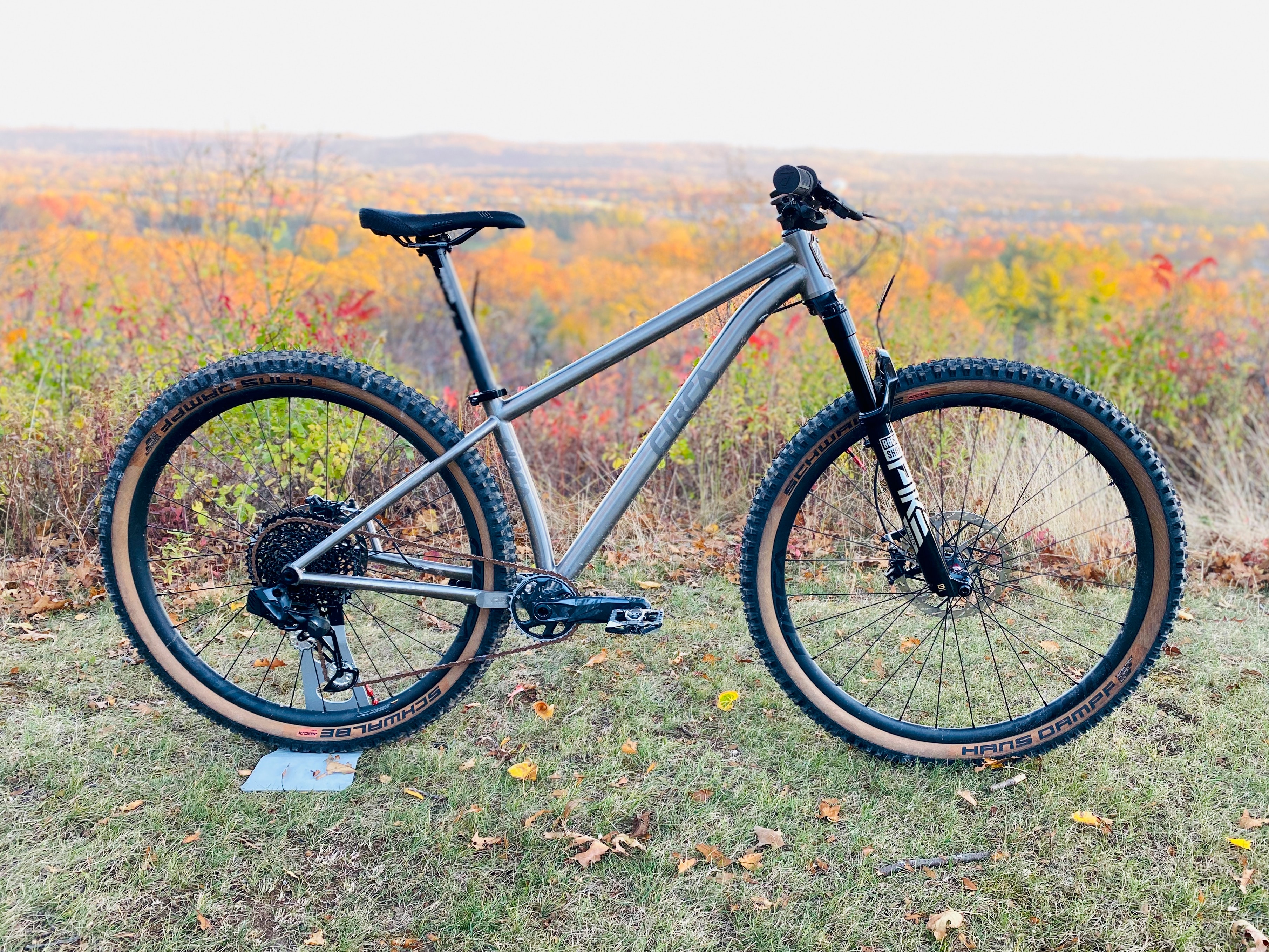 Mountain bike overlooking autumn forest landscape